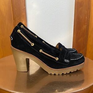 Sperry Black Suede Heeled Loafers Tan Rubber Lug Soles 4” Heel Like New Preppy
